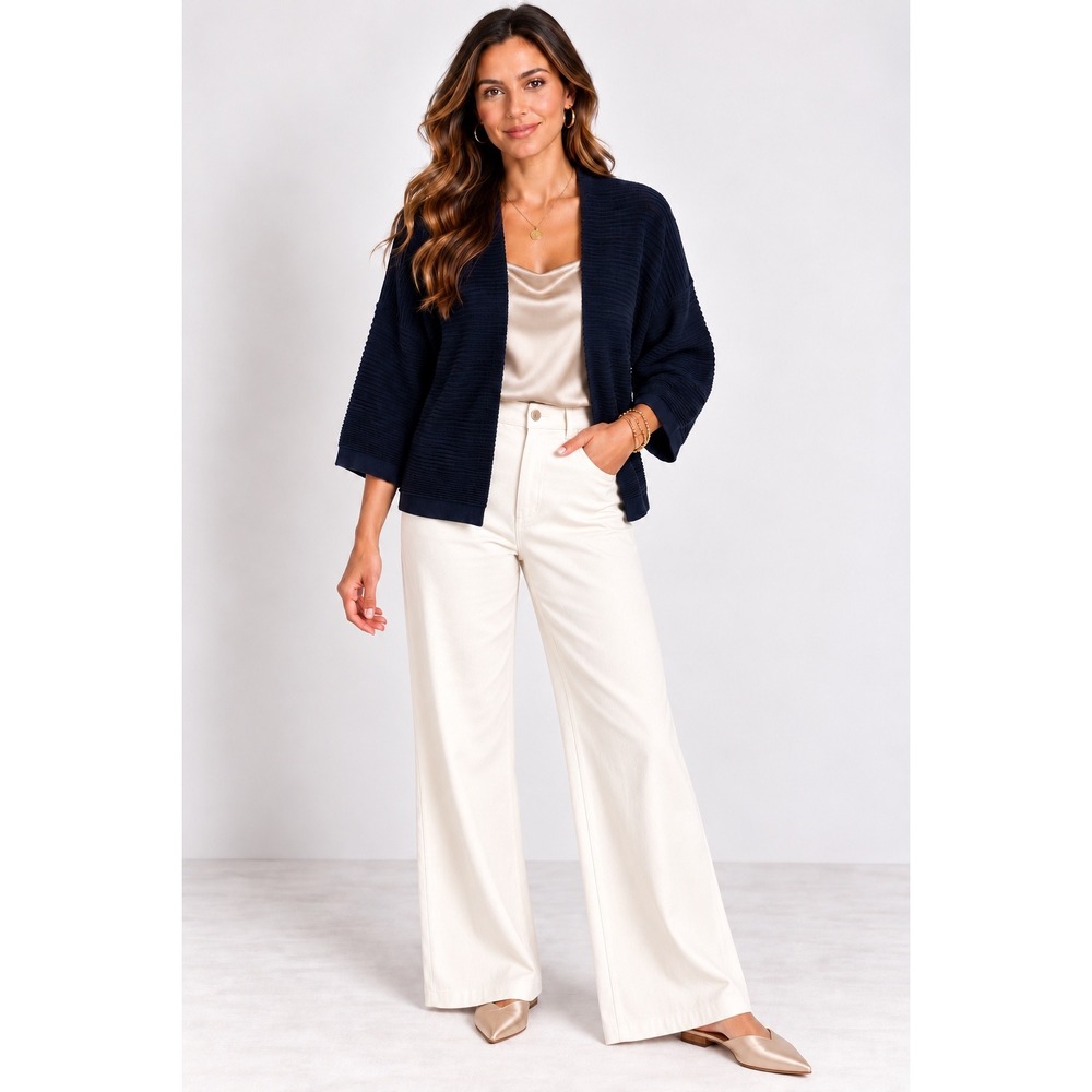 Neiman Marcus Cashmere Collection Cardigan L Silk Cashmere Wool Navy Open Front